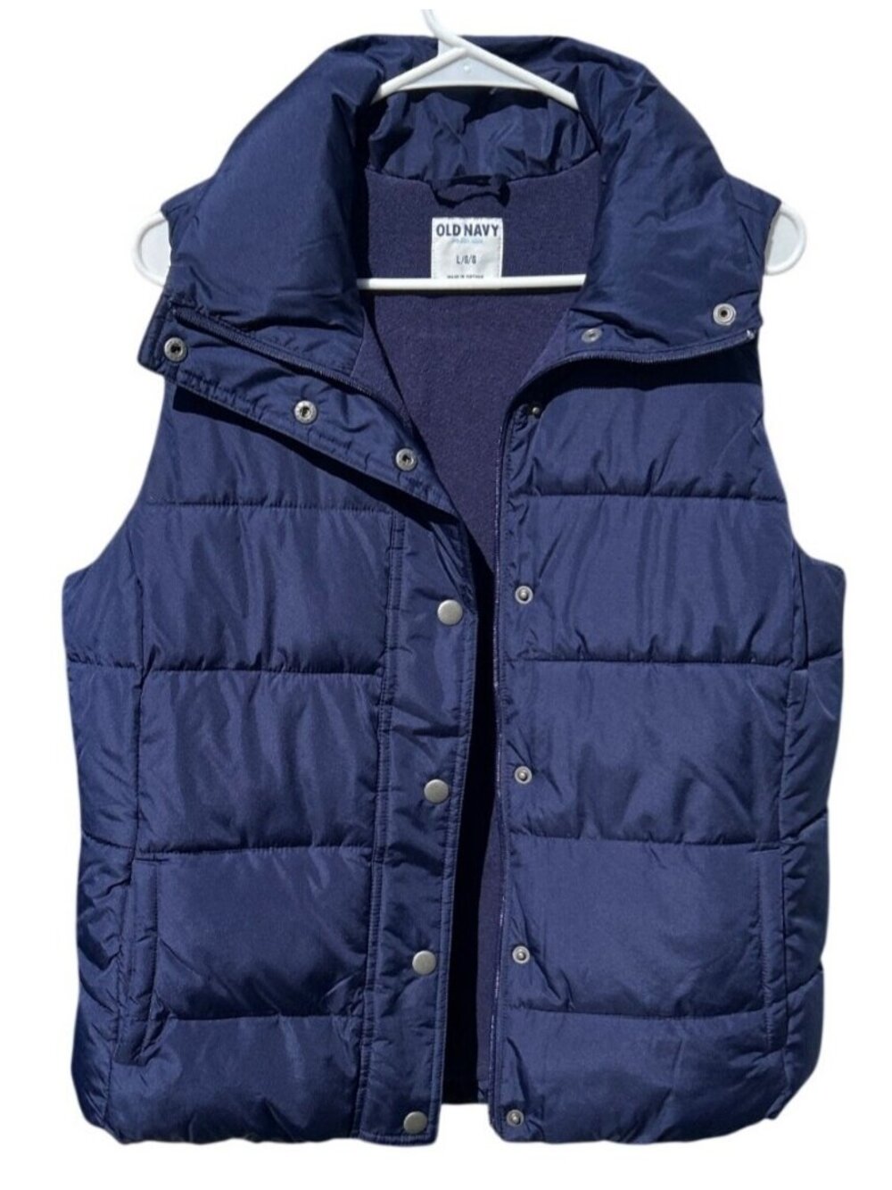 Old Navy Womens Large Navy Blue Puffer Vest Snap Buttons & Zip
